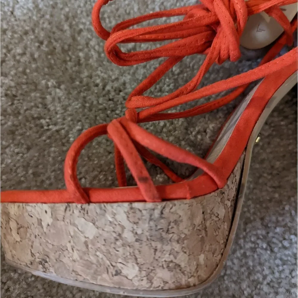 𝅺lob footwear orange suede gladiator laces sz 7.5 cork platform heels nwt